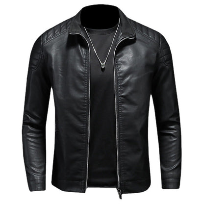 Men’s Black Biker Genuine Sheepskin Stand Collar Korean Style Quilted Shoulders Motorcycle Rider Smooth Fashionable Casual Classic Leather Jacket