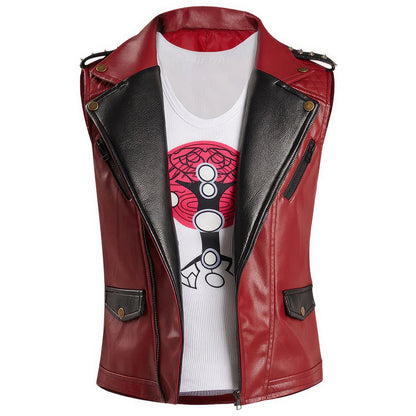 Men’s Wine Red Genuine Sheepskin Metal Studded Sleeveless Punk Vest Superhero Cosplay Costume Leather Waistcoat