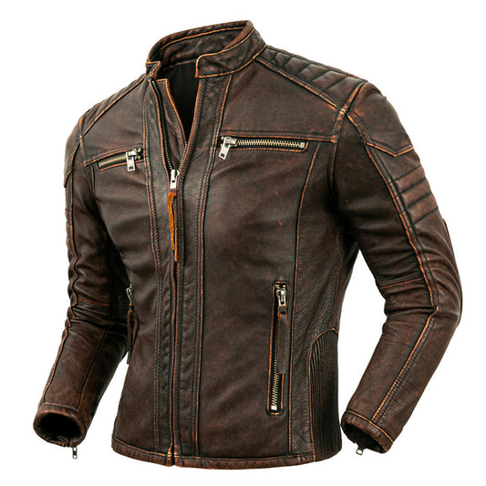 Men’s Vintage Distressed Brown Genuine Cowhide Biker Stand Collar Quilted Shoulders Crossover Casual Motorcycle Rider Slim Fit Leather Jacket