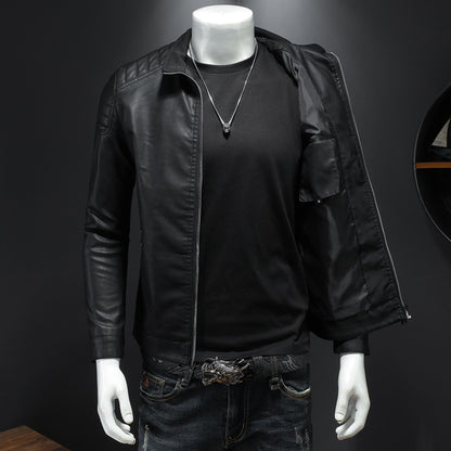 Men’s Black Biker Genuine Sheepskin Stand Collar Korean Style Quilted Shoulders Motorcycle Rider Smooth Fashionable Casual Classic Leather Jacket