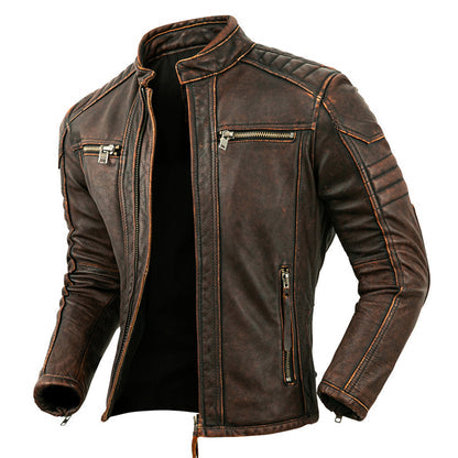 Men’s Vintage Distressed Brown Genuine Cowhide Biker Stand Collar Quilted Shoulders Crossover Casual Motorcycle Rider Slim Fit Leather Jacket