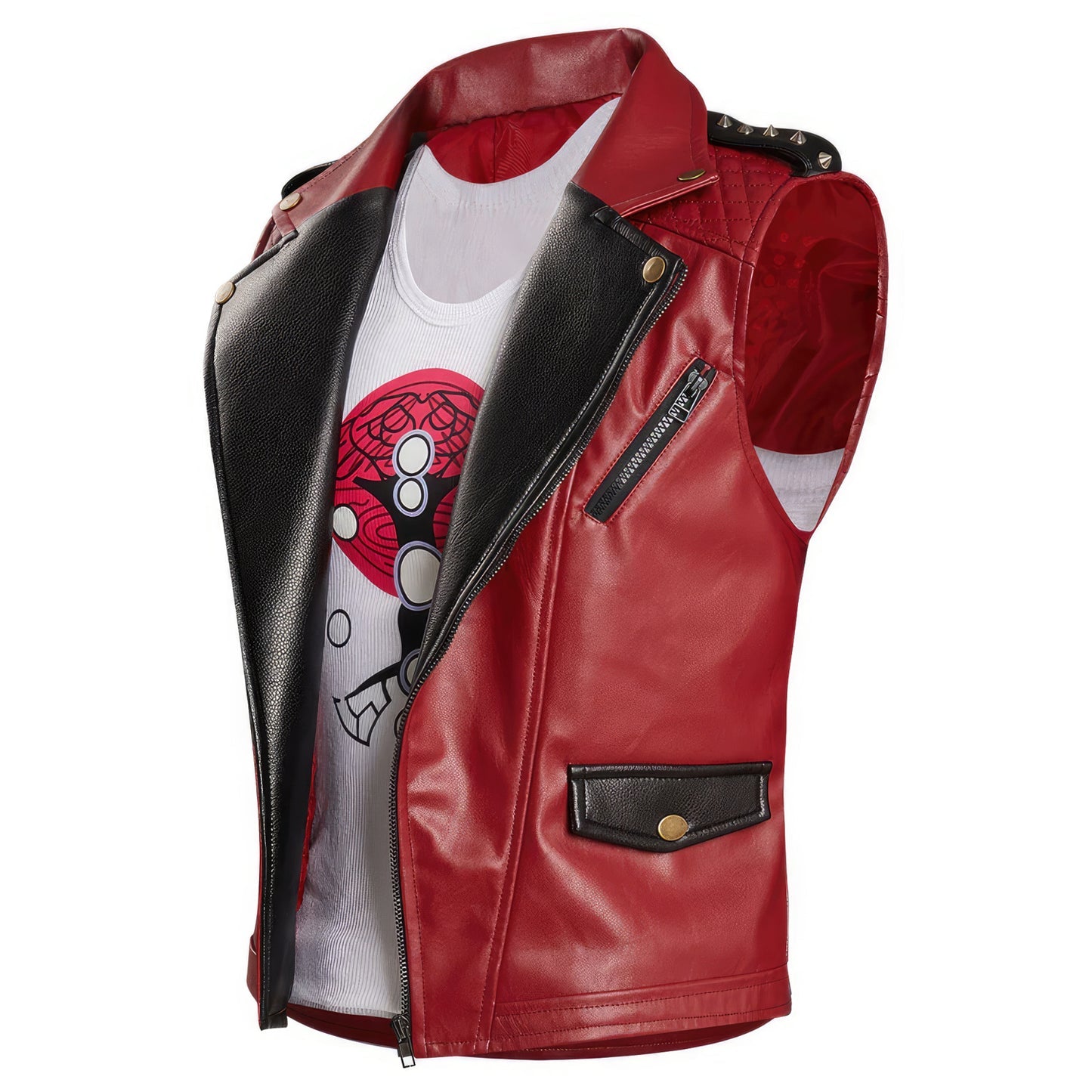 Men’s Wine Red Genuine Sheepskin Metal Studded Sleeveless Punk Vest Superhero Cosplay Costume Leather Waistcoat