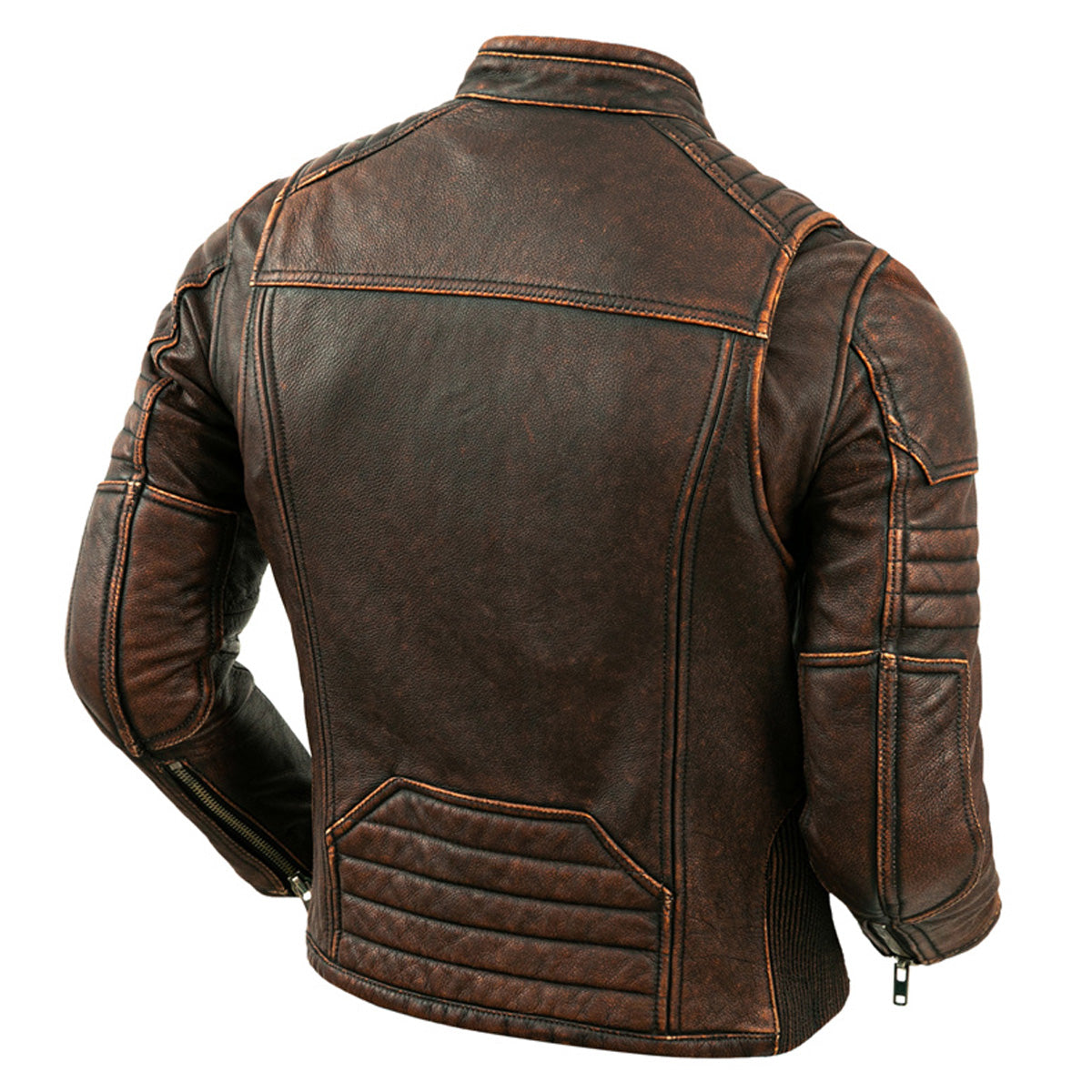 Men’s Vintage Distressed Brown Genuine Cowhide Biker Stand Collar Quilted Shoulders Crossover Casual Motorcycle Rider Slim Fit Leather Jacket