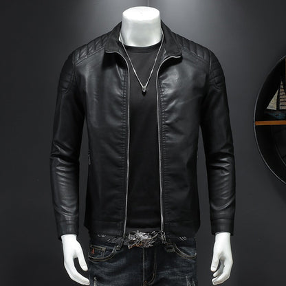 Men’s Black Biker Genuine Sheepskin Stand Collar Korean Style Quilted Shoulders Motorcycle Rider Smooth Fashionable Casual Classic Leather Jacket