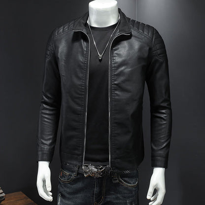 Men’s Black Biker Genuine Sheepskin Stand Collar Korean Style Quilted Shoulders Motorcycle Rider Smooth Fashionable Casual Classic Leather Jacket