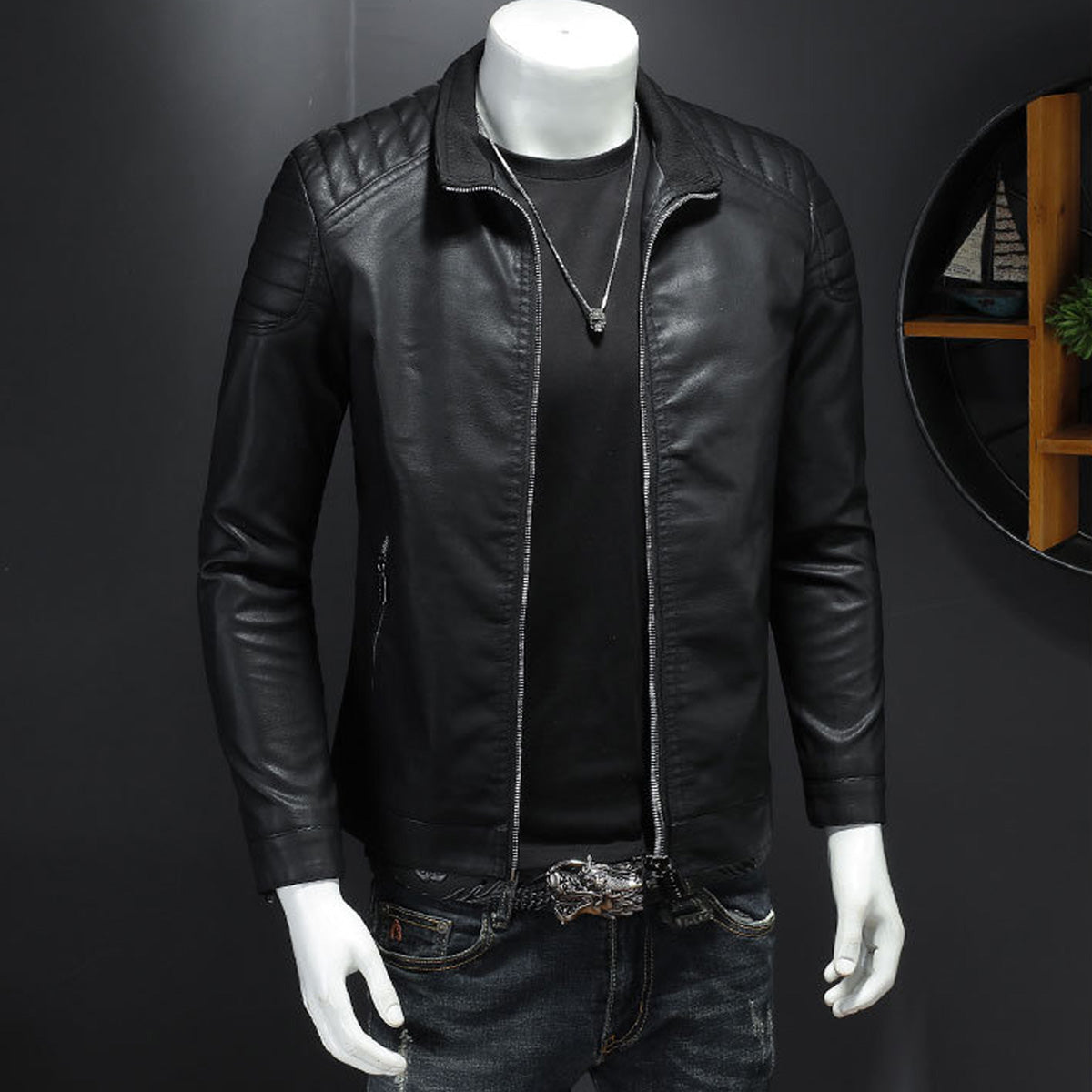 Men’s Black Biker Genuine Sheepskin Stand Collar Korean Style Quilted Shoulders Motorcycle Rider Smooth Fashionable Casual Classic Leather Jacket