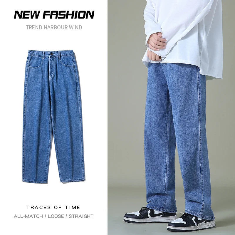 New Autumn Men Denim Wide-leg Pants Korean Style Straight Light Blue Baggy Jeans Elastic Waist Student Trousers Male Black Gray