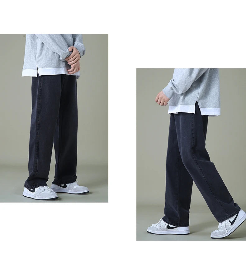 New Autumn Men Denim Wide-leg Pants Korean Style Straight Light Blue Baggy Jeans Elastic Waist Student Trousers Male Black Gray