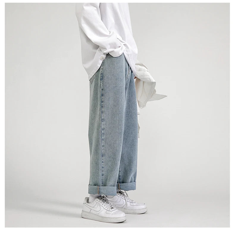 Korean Fashion Men's Baggy Jeans Classic All-match Solid Color Straight-leg Denim Wide-leg Pants Male Light Blue Grey Black