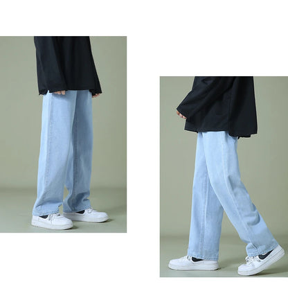 New Autumn Men Denim Wide-leg Pants Korean Style Straight Light Blue Baggy Jeans Elastic Waist Student Trousers Male Black Gray