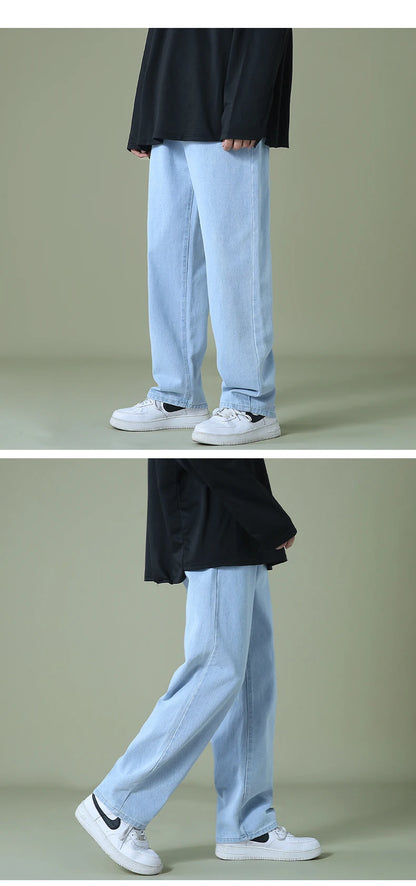 New Autumn Men Denim Wide-leg Pants Korean Style Straight Light Blue Baggy Jeans Elastic Waist Student Trousers Male Black Gray