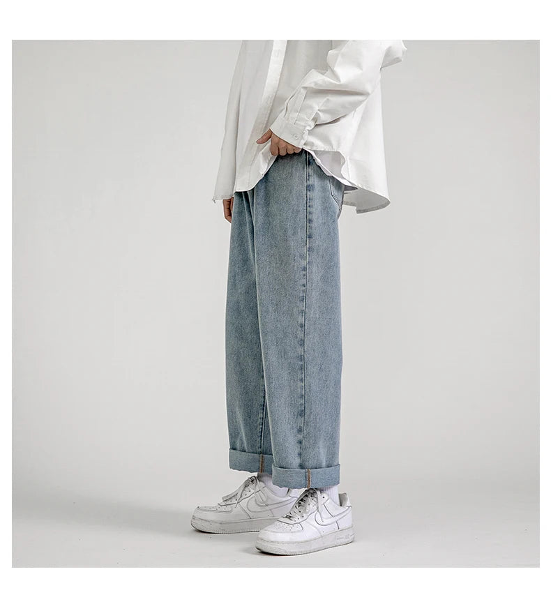 Korean Fashion Men's Baggy Jeans Classic All-match Solid Color Straight-leg Denim Wide-leg Pants Male Light Blue Grey Black