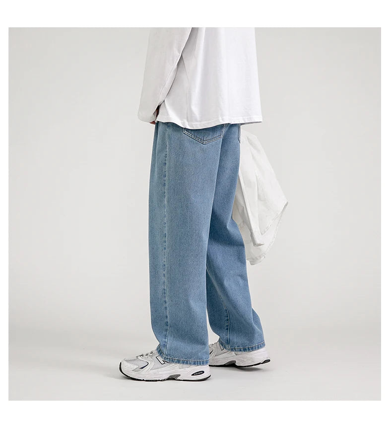 Korean Fashion Men's Baggy Jeans Classic All-match Solid Color Straight-leg Denim Wide-leg Pants Male Light Blue Grey Black