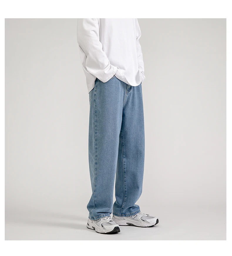 Korean Fashion Men's Baggy Jeans Classic All-match Solid Color Straight-leg Denim Wide-leg Pants Male Light Blue Grey Black