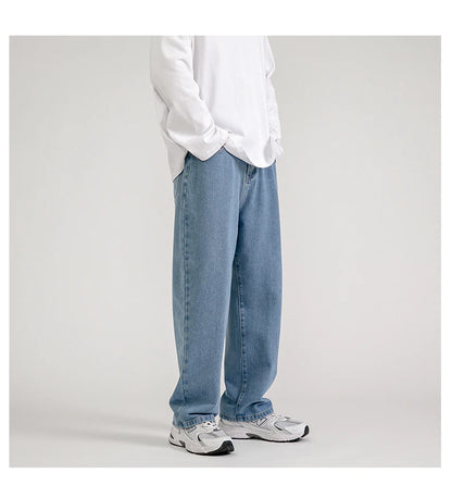 Korean Fashion Men's Baggy Jeans Classic All-match Solid Color Straight-leg Denim Wide-leg Pants Male Light Blue Grey Black