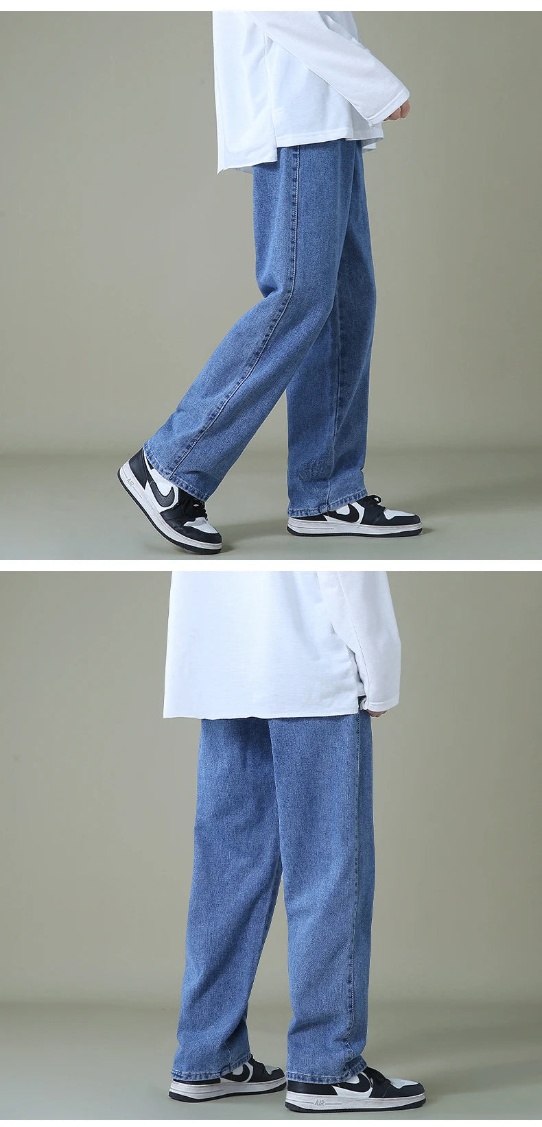 New Autumn Men Denim Wide-leg Pants Korean Style Straight Light Blue Baggy Jeans Elastic Waist Student Trousers Male Black Gray