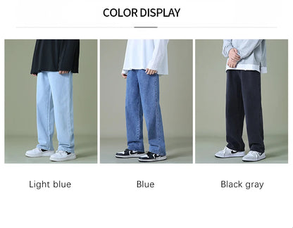 New Autumn Men Denim Wide-leg Pants Korean Style Straight Light Blue Baggy Jeans Elastic Waist Student Trousers Male Black Gray