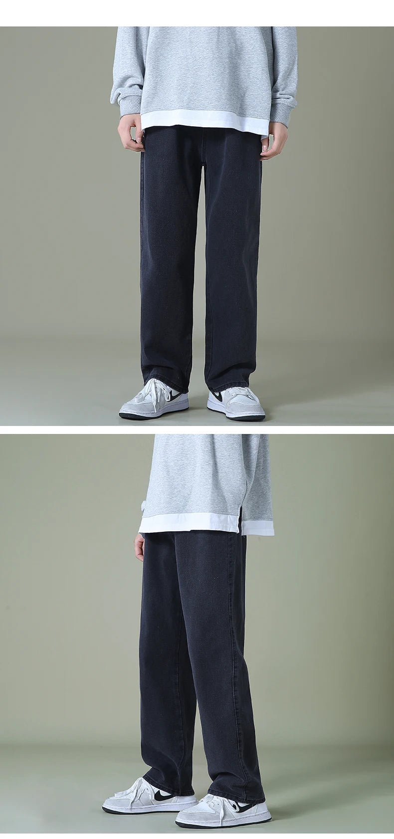 New Autumn Men Denim Wide-leg Pants Korean Style Straight Light Blue Baggy Jeans Elastic Waist Student Trousers Male Black Gray