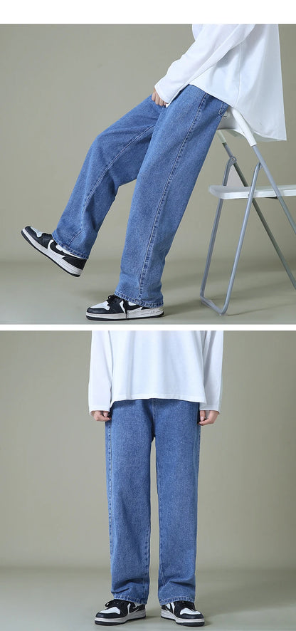 New Autumn Men Denim Wide-leg Pants Korean Style Straight Light Blue Baggy Jeans Elastic Waist Student Trousers Male Black Gray