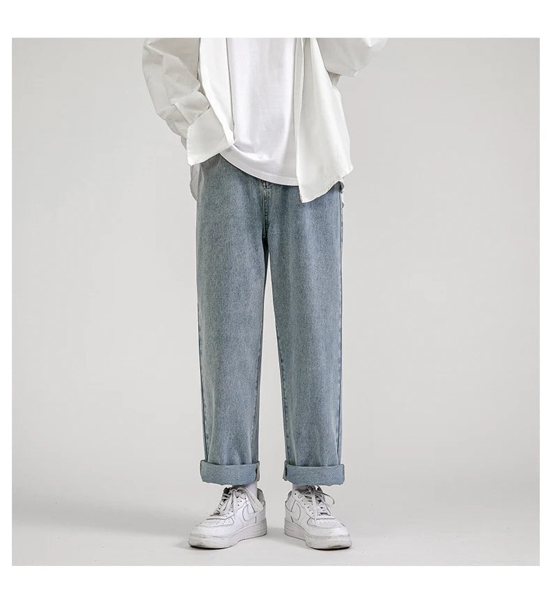 Korean Fashion Men's Baggy Jeans Classic All-match Solid Color Straight-leg Denim Wide-leg Pants Male Light Blue Grey Black