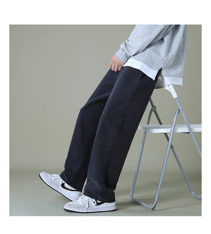 New Autumn Men Denim Wide-leg Pants Korean Style Straight Light Blue Baggy Jeans Elastic Waist Student Trousers Male Black Gray