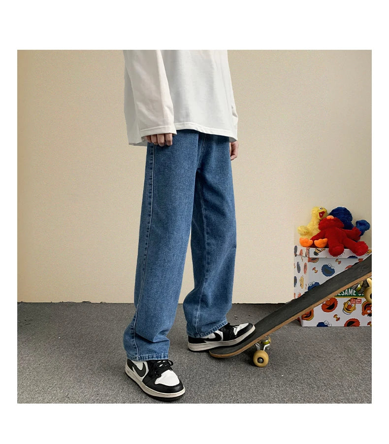 2023 Spring New Streetwear Baggy Jeans Men Korean Fashion Loose Straight Wide Leg Pants Male Brand Clothing Black Light Blue