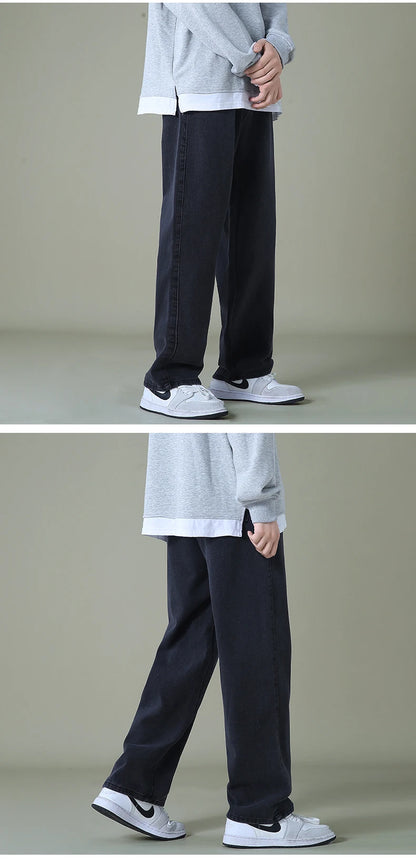 New Autumn Men Denim Wide-leg Pants Korean Style Straight Light Blue Baggy Jeans Elastic Waist Student Trousers Male Black Gray