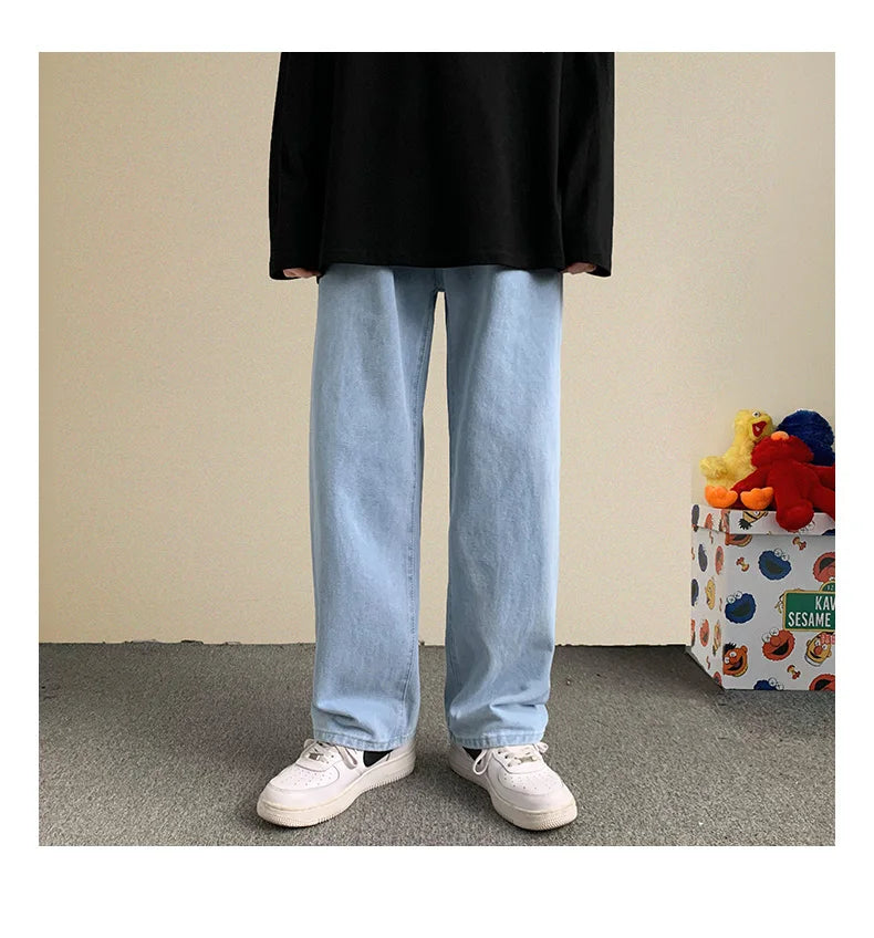 2023 Spring New Streetwear Baggy Jeans Men Korean Fashion Loose Straight Wide Leg Pants Male Brand Clothing Black Light Blue