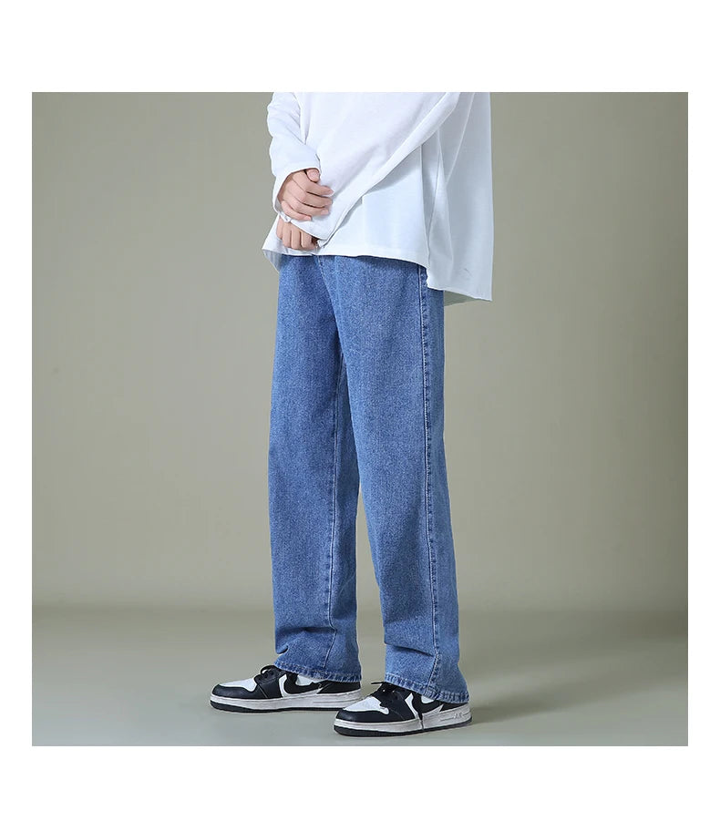 New Autumn Men Denim Wide-leg Pants Korean Style Straight Light Blue Baggy Jeans Elastic Waist Student Trousers Male Black Gray