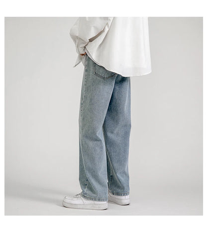 Korean Fashion Men's Baggy Jeans Classic All-match Solid Color Straight-leg Denim Wide-leg Pants Male Light Blue Grey Black