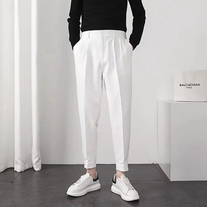 Fashion Men Casual Pants Elastic Waist Small Feet Slim Korean Style Pleated Tapered Male Blazer Pants Trousers Streetwear