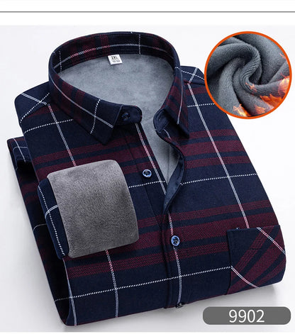 Autumn Winter Thicken Fleece Shirt Men Business Plaid Shirt Long Sleeve Warm Clothes Turn Down Collar Button Up Shirts Classic