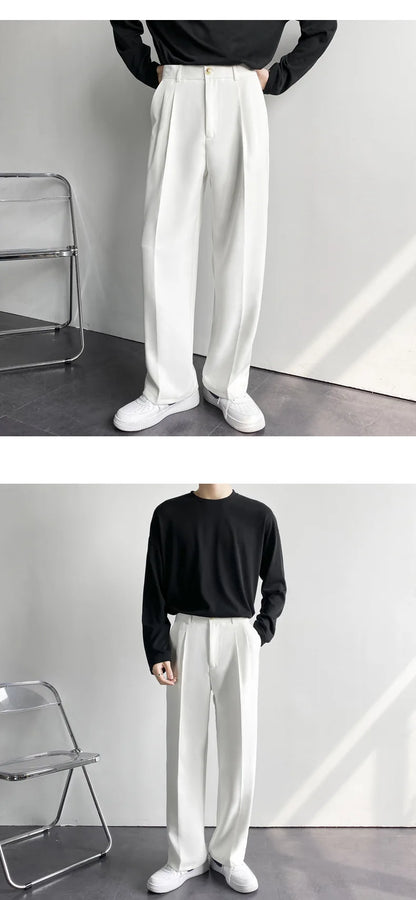 New Draped Straight Men Pants Fashion Business Korean Loose Casual White Black Gray Wide-leg Trousers Male Blazer Suit Pants