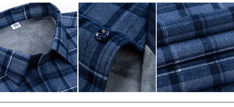 Autumn Winter Thicken Fleece Shirt Men Business Plaid Shirt Long Sleeve Warm Clothes Turn Down Collar Button Up Shirts Classic