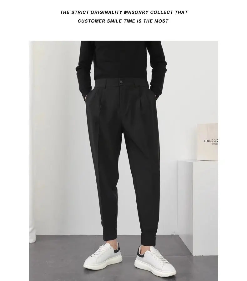 Fashion Men Casual Pants Elastic Waist Small Feet Slim Korean Style Pleated Tapered Male Blazer Pants Trousers Streetwear