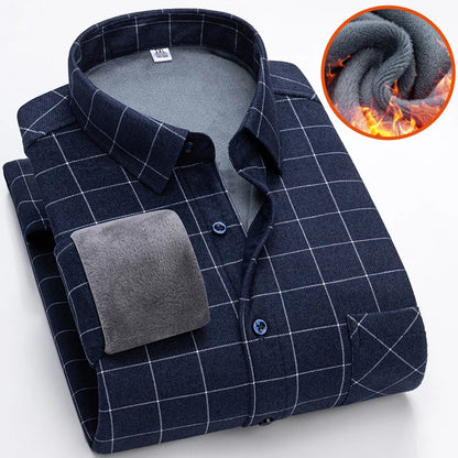 Autumn Winter Thicken Fleece Shirt Men Business Plaid Shirt Long Sleeve Warm Clothes Turn Down Collar Button Up Shirts Classic