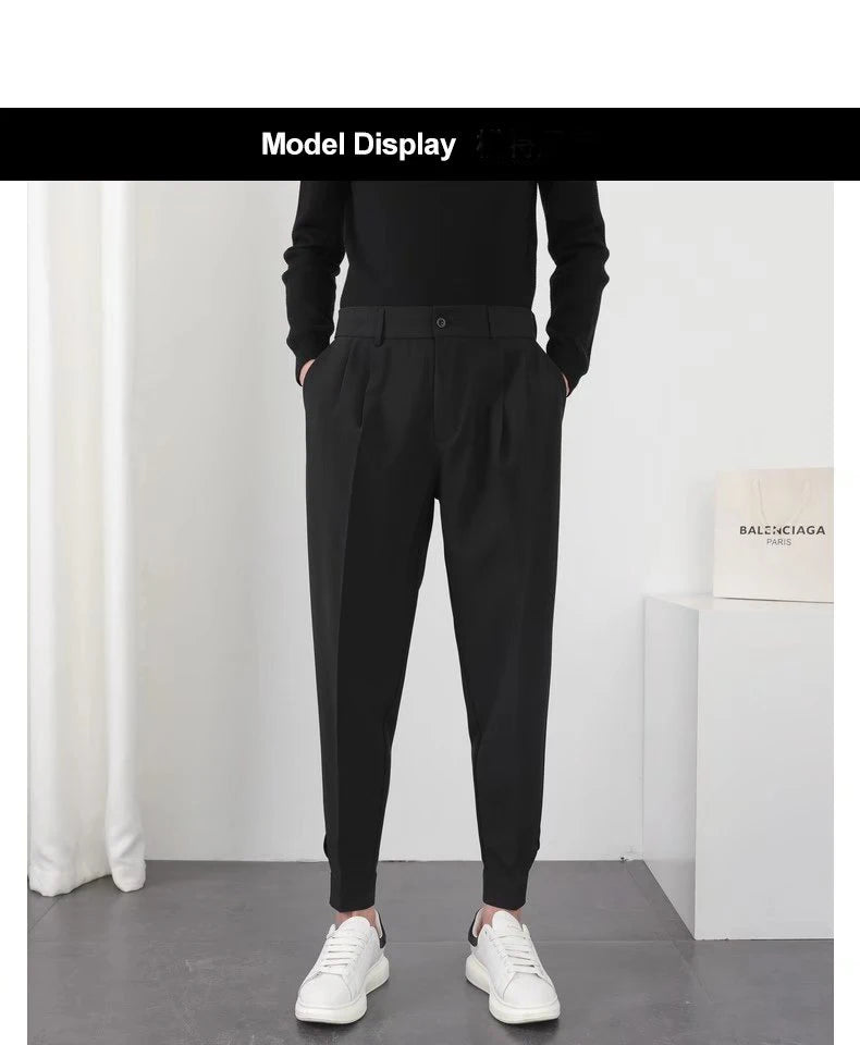 Fashion Men Casual Pants Elastic Waist Small Feet Slim Korean Style Pleated Tapered Male Blazer Pants Trousers Streetwear