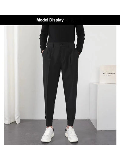 Fashion Men Casual Pants Elastic Waist Small Feet Slim Korean Style Pleated Tapered Male Blazer Pants Trousers Streetwear