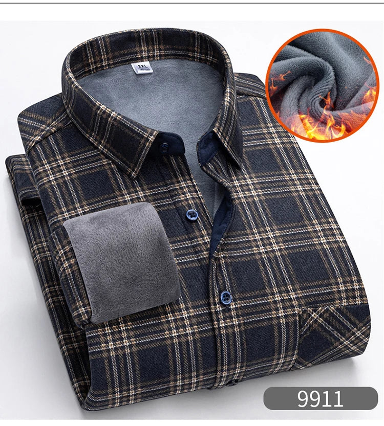 Autumn Winter Thicken Fleece Shirt Men Business Plaid Shirt Long Sleeve Warm Clothes Turn Down Collar Button Up Shirts Classic