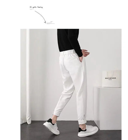 Fashion Men Casual Pants Elastic Waist Small Feet Slim Korean Style Pleated Tapered Male Blazer Pants Trousers Streetwear