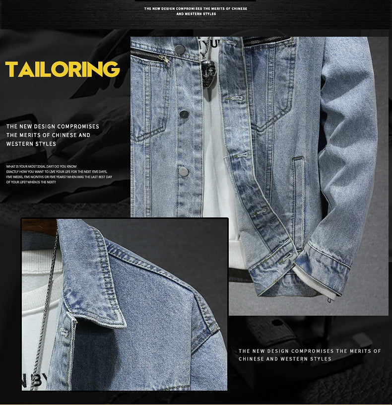 Autumn Winter New Retro Men's Black Denim Jacket High Street Korean Fashion Loose Washed Dilapidated Male Jean Coat