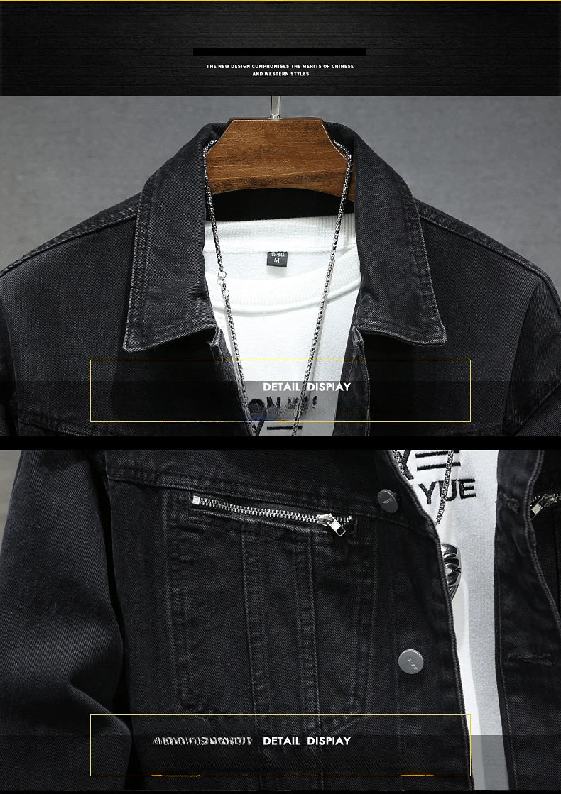 Autumn Winter New Retro Men's Black Denim Jacket High Street Korean Fashion Loose Washed Dilapidated Male Jean Coat