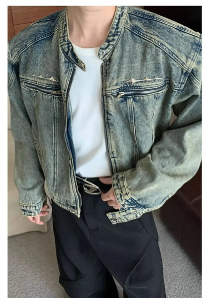 Men's Denim Jackets American-style High Street Zippers Coat Vintage Washed Distressed Cowboy Jacket Spring Casual Streetwear New