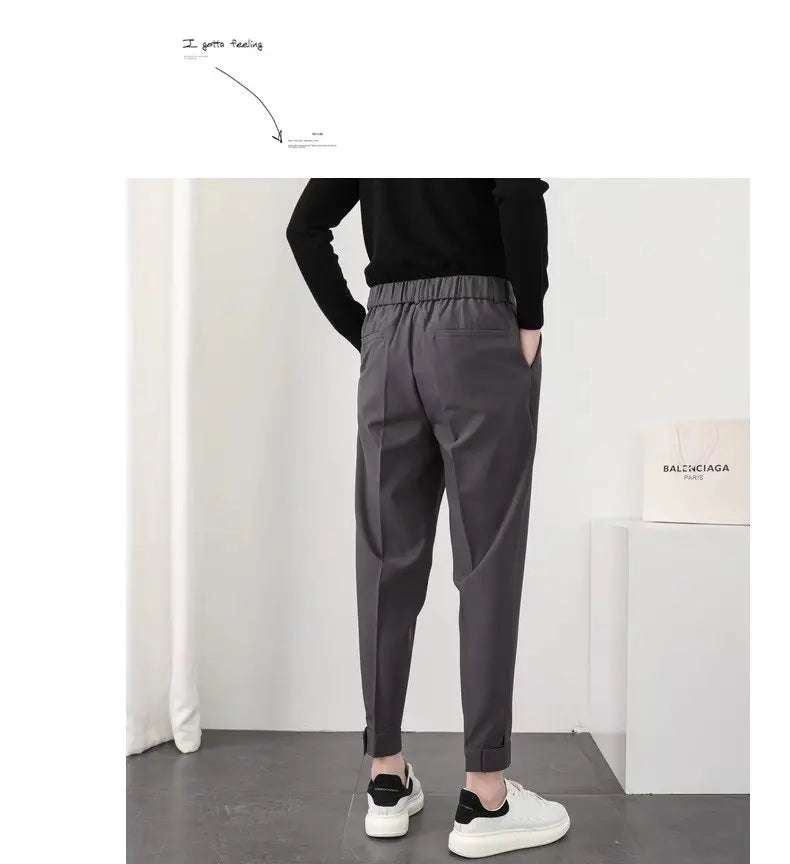 Fashion Men Casual Pants Elastic Waist Small Feet Slim Korean Style Pleated Tapered Male Blazer Pants Trousers Streetwear