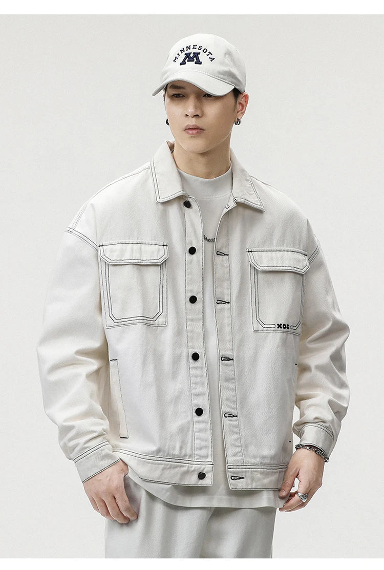 Men's Fashion Baggy Denim Jacket Streetwear Large Pocket Contrast Design Oversized Black White Washed Denim Coats Autumn 4XL 5XL