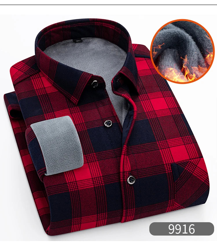 Autumn Winter Thicken Fleece Shirt Men Business Plaid Shirt Long Sleeve Warm Clothes Turn Down Collar Button Up Shirts Classic