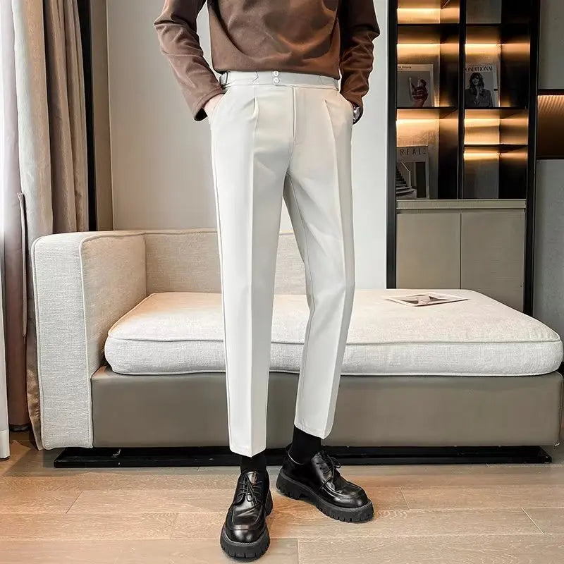 2023 New British Style Solid High Waist Draped Trousers Korea Men Formal Blazer Pants Slim Business Casual Suit Pants Hommes