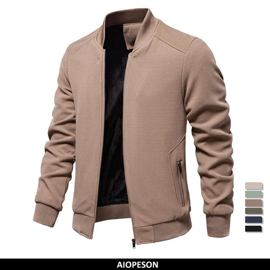 AIOPESON Mens Waffle Fleece Lined Bomber Jacket Autumn Winter Warm Casual Zipper Pocket Outwear Jackets and Coats for Men