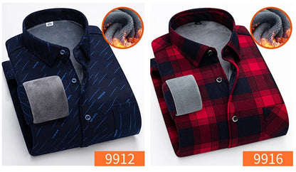 Autumn Winter Thicken Fleece Shirt Men Business Plaid Shirt Long Sleeve Warm Clothes Turn Down Collar Button Up Shirts Classic