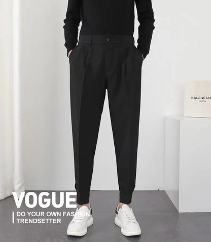 Fashion Men Casual Pants Elastic Waist Small Feet Slim Korean Style Pleated Tapered Male Blazer Pants Trousers Streetwear